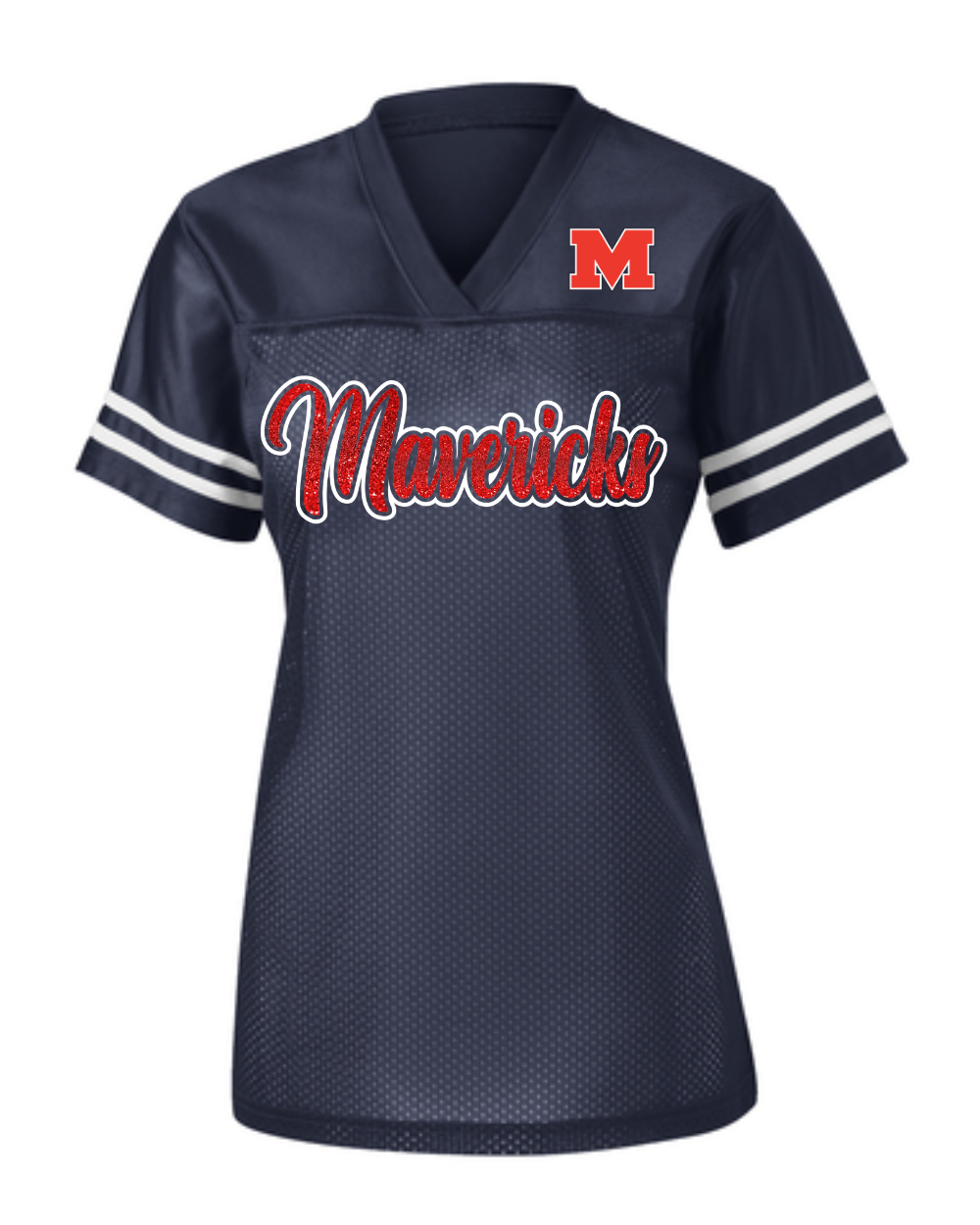 Manvel Football- Glitter Mavericks Football- Ladies fan Jersey- Navy