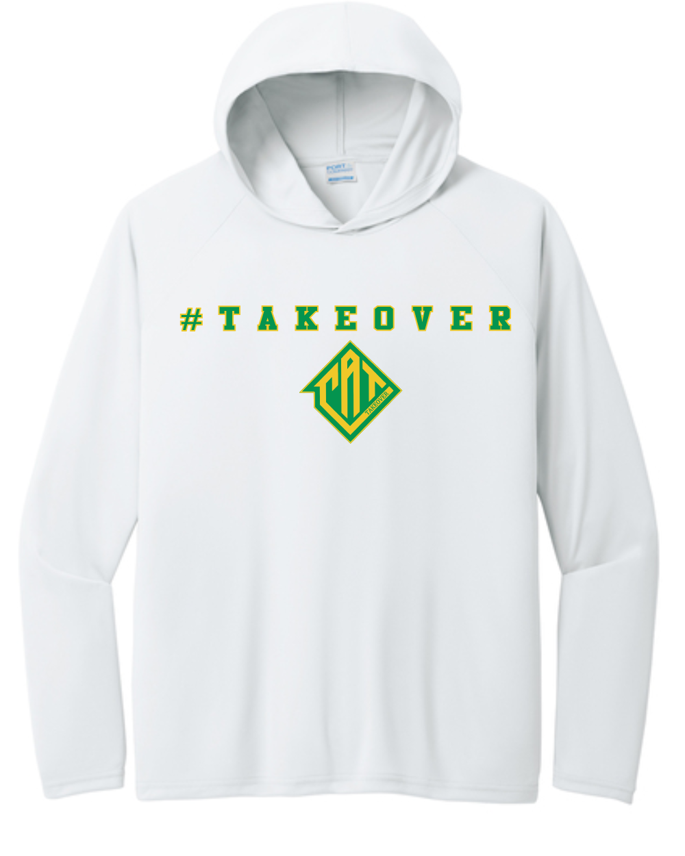 CAT Takeover- White Hooded Performance Long Sleeved Tee