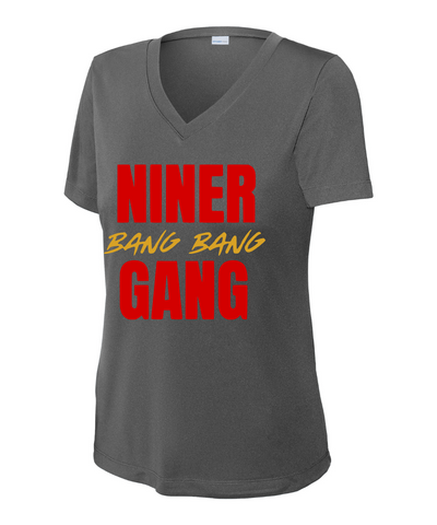 League City 49ers Football & Cheer- Bang Bang Niner Gang Ladies Performance VNeck Tee - Iron Grey