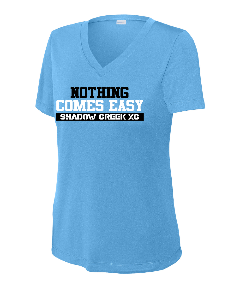 Shadow Creek Cross Country Track & Field - Nothing Comes Easy Ladies Vneck Performance Tee - Carolina Blue