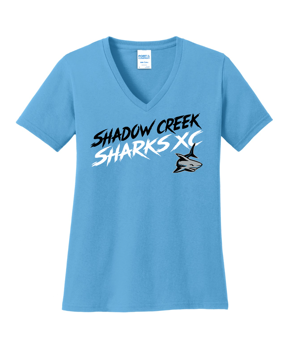 Shadow Creek Cross Country Track & Field - Shadow Creek Sharks XC Ladies Vneck Cotton Tee - Aquatic Blue