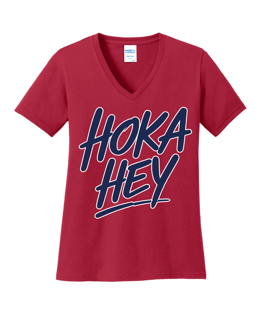 Manvel Football - Hoka Hey Script Ladies Vneck Cotton Tee