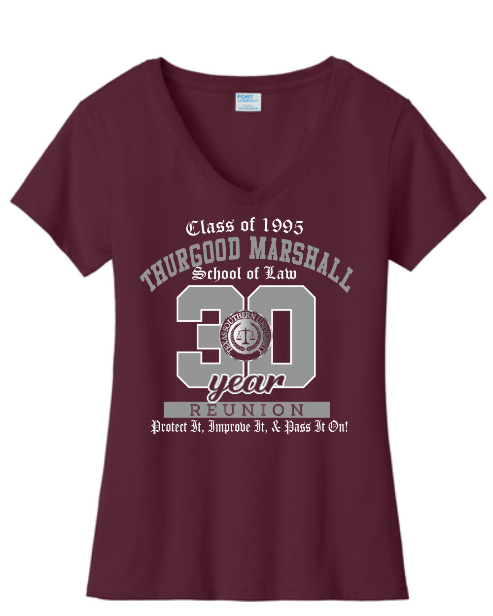 Thurgood Marshall Law School Class of 1995 Reunion -Ladies V-Neck Cotton T-Shirt- Maroon