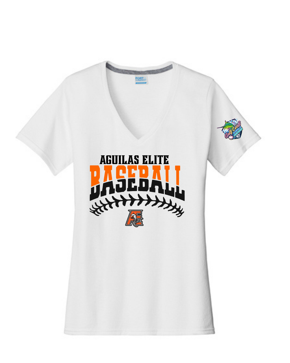 Aguilas Elite-AE Baseball WS Ladies Vneck - Performance Tee- White