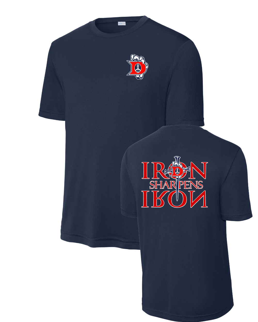 Dawson Football- Iron Sharpens Iron Short Sleeve Performance Tee- Navy Blue