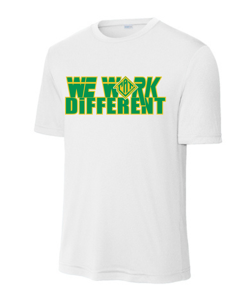 CAT Takeover- White Performance Tee- We Work Different