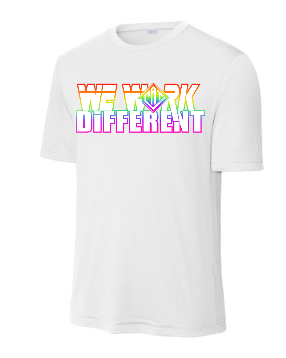 CAT Takeover- White Performance Tee- We Work Different Neon Ombre