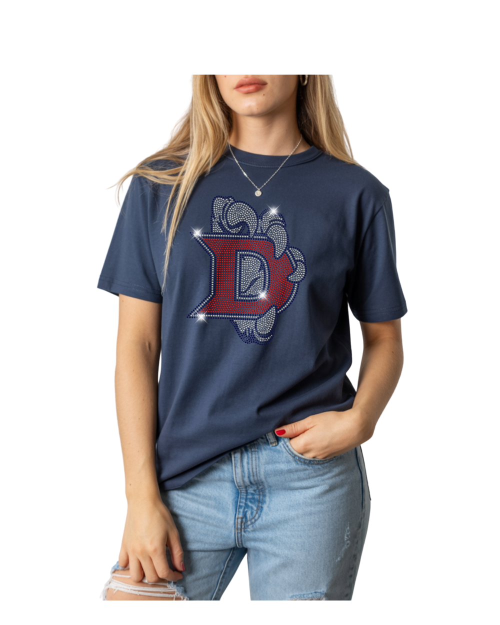 Dawson Football-Spangle Bling Short Sleeve Cotton Tee- Navy