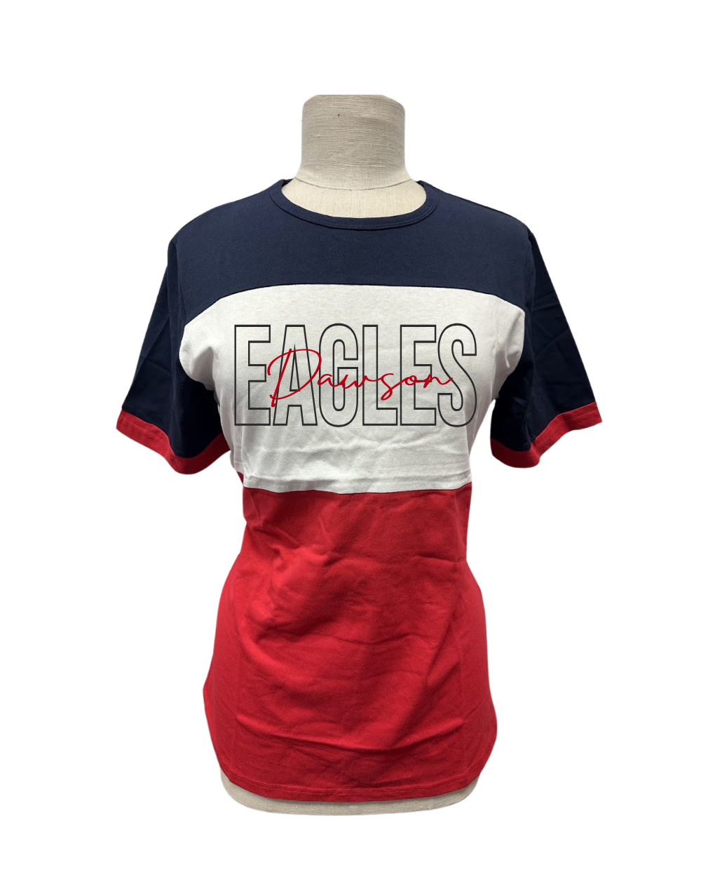 Dawson Football-3 Stripe Dawson Eagles Cotton Tee- Red, White, Navy