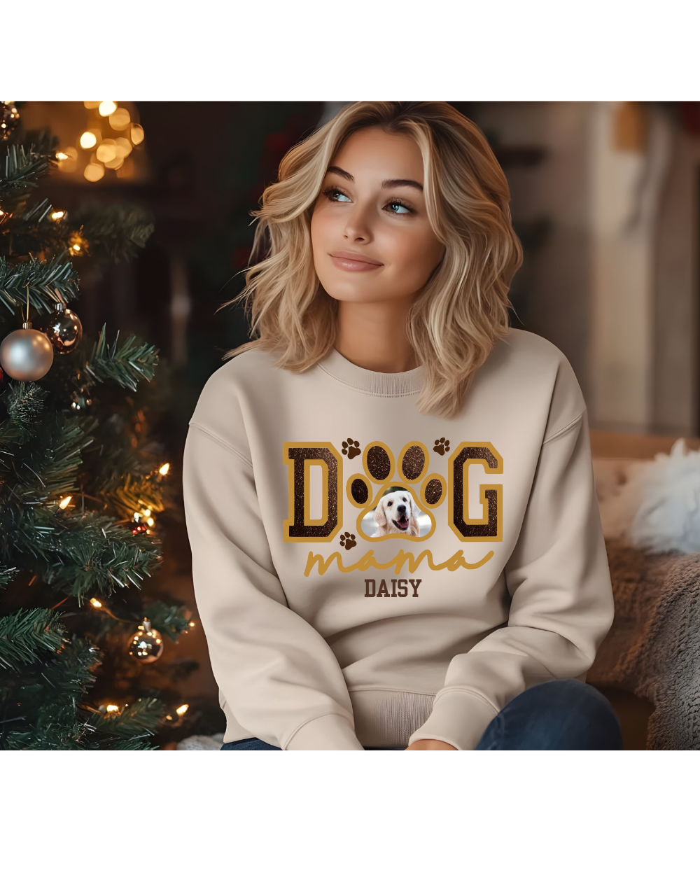 Gift- Dog Mama Embroidered Glitter Applique Dog Photo Sweatshirt