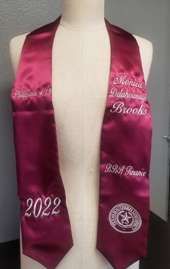 Graduation Stole- Custom  Selection Embroidery Designs -Classic  Colors
