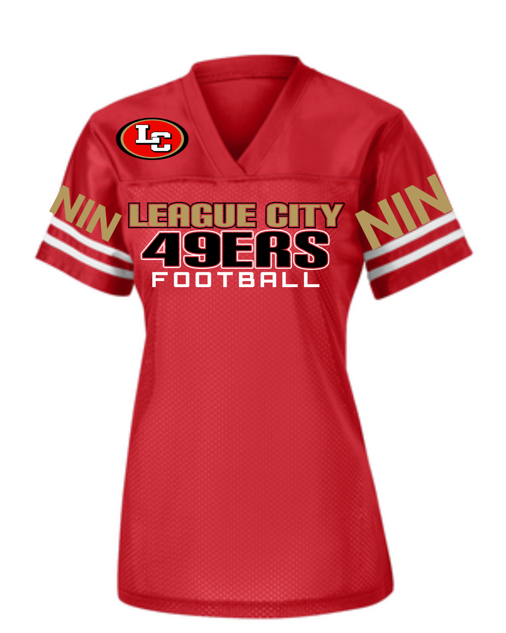 League City 49ers LC 49ers Football Ladies fan Jersey Red Trend Monkey Custom Apparel Printing