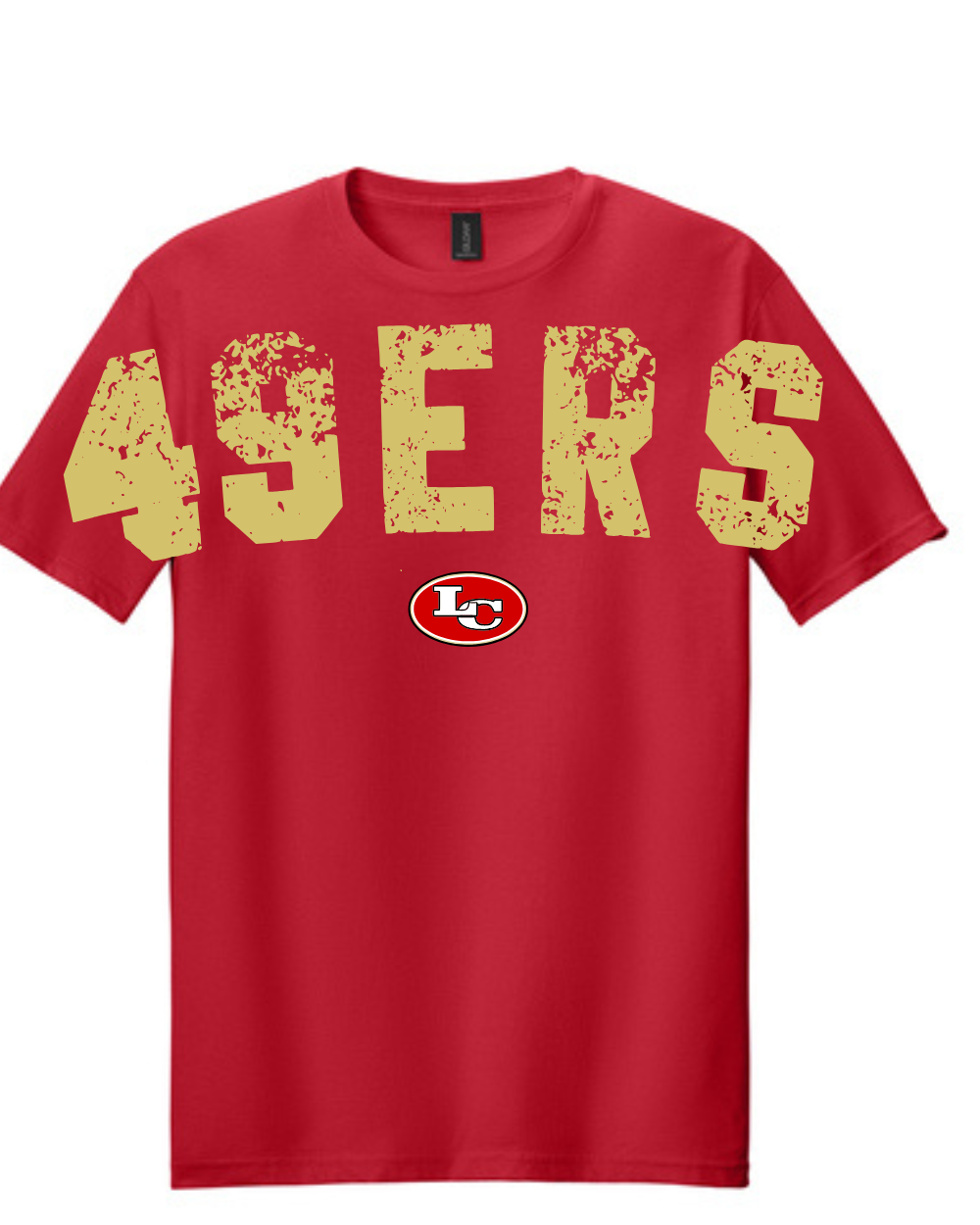 League City 49ers- Distressed Oversized Print 49ers Cotton Blend Tee- Red