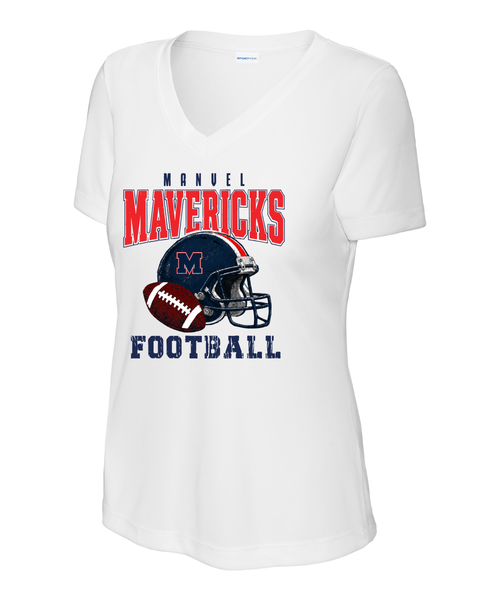 Manvel Football - Mavericks Distressed Football Ladies Vneck Performance Tee