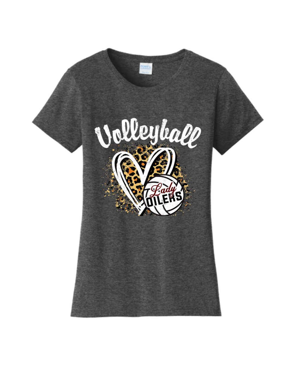PHS Volleyball- Lady Oilers Leopard Volleyball Women's Cotton Tee-Dark Heather Grey