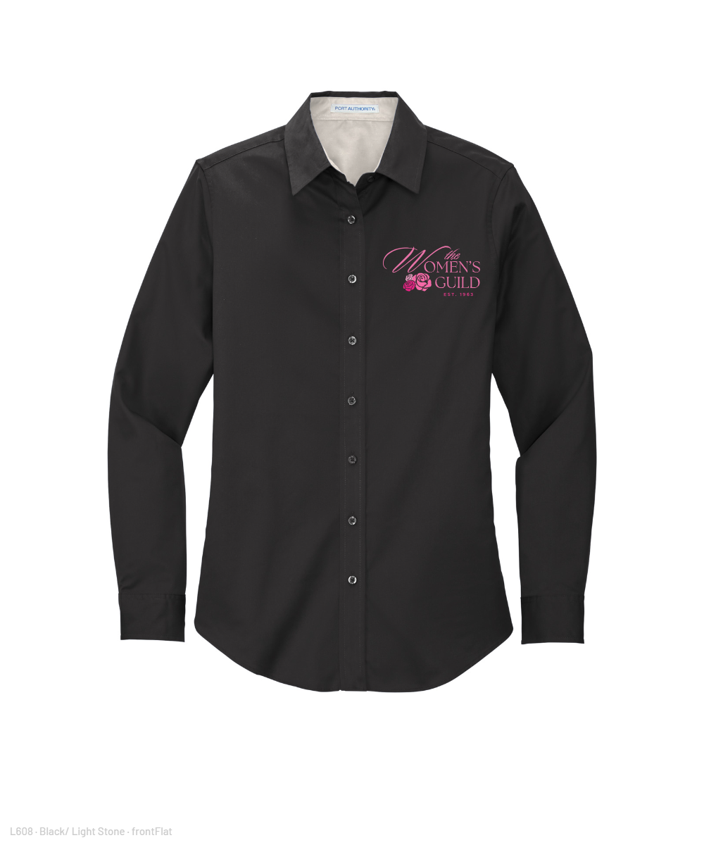 The Women's Guild- Embroidered Women's Long Sleeve Easy Care Button Down - Black/ Light Stone