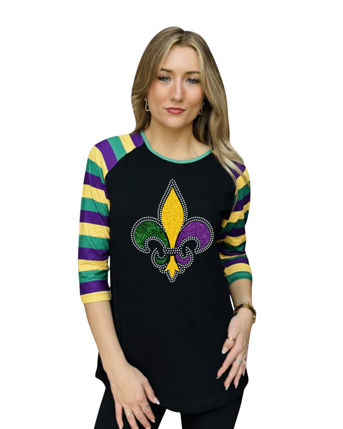 Mardi Gras Black Striped Raglan-Rhinestone Fleur de Lis