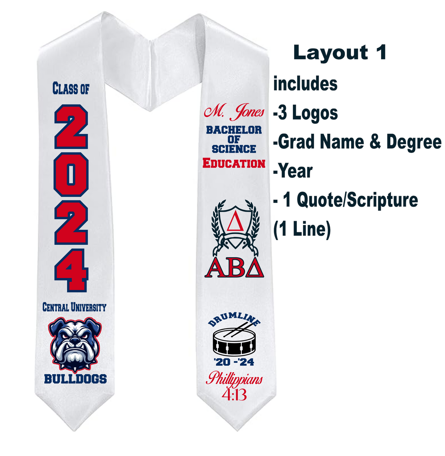 Graduation Stole- Classic Colors DTF Print - Design Layout #1