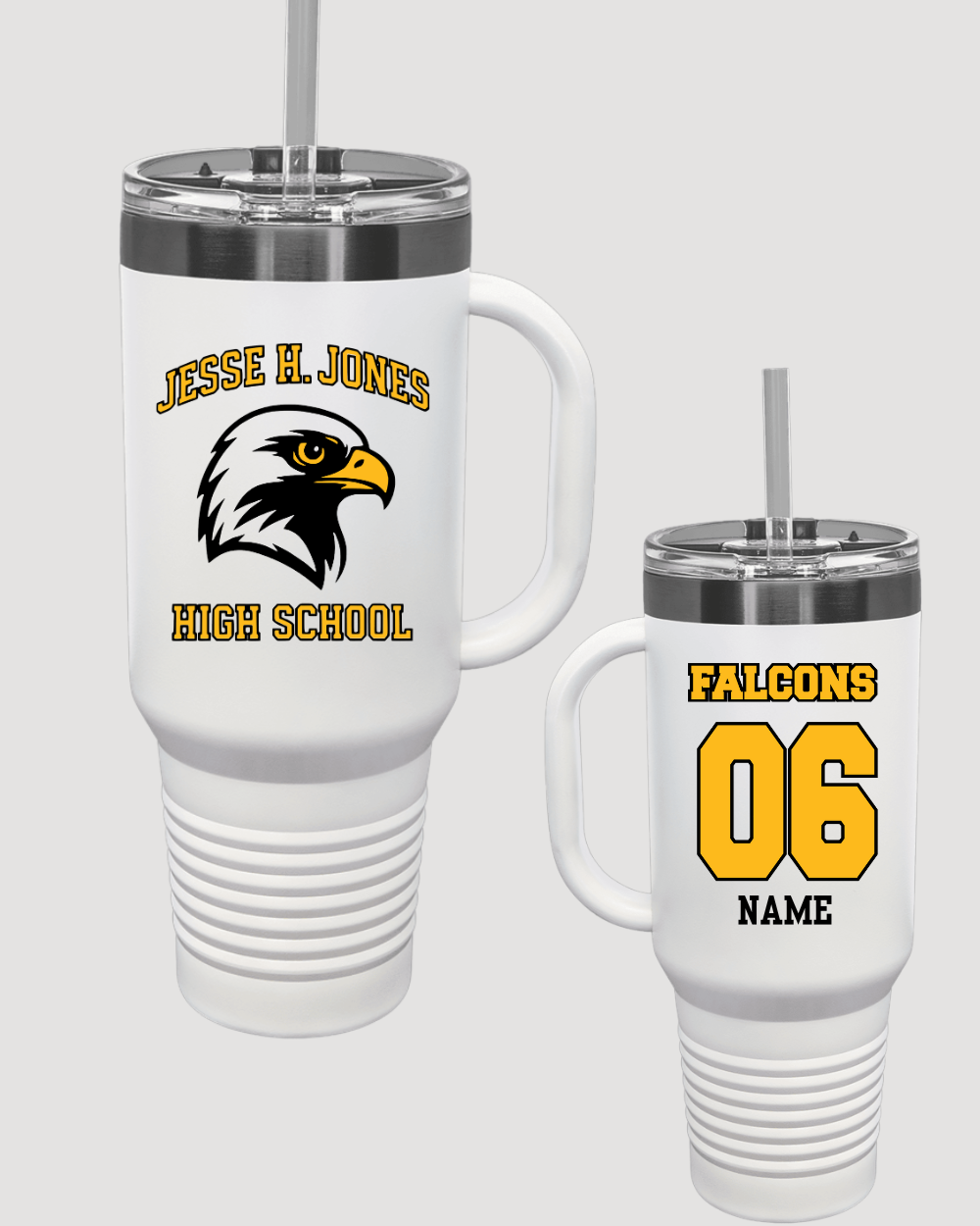 Jesse H Jones High School- Insulated 40 oz White Polar Camel Travel Mug with Handle & Straw