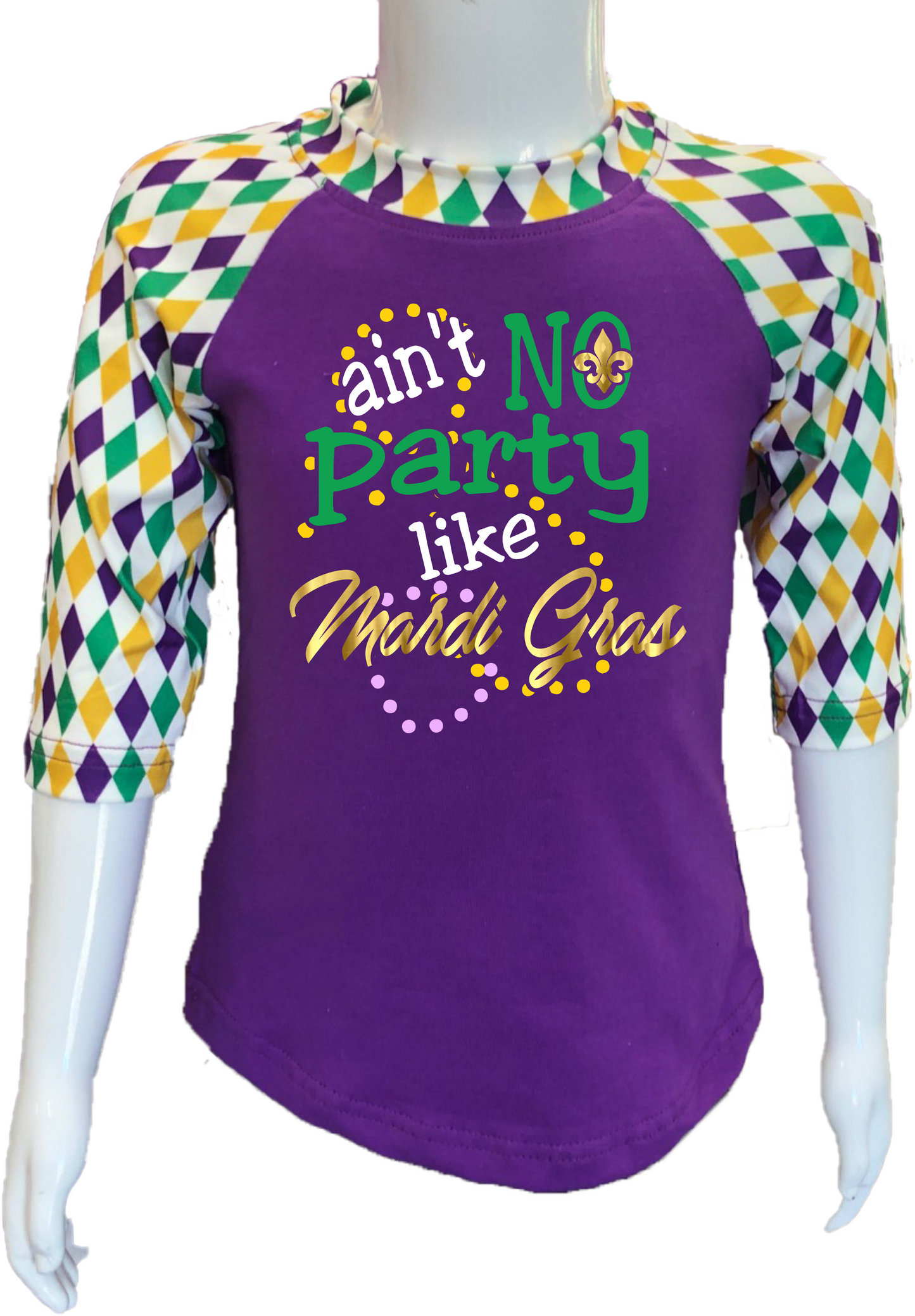 Harlequin Mardi Gras Raglan- Ain't No Party Like Mardi Gras
