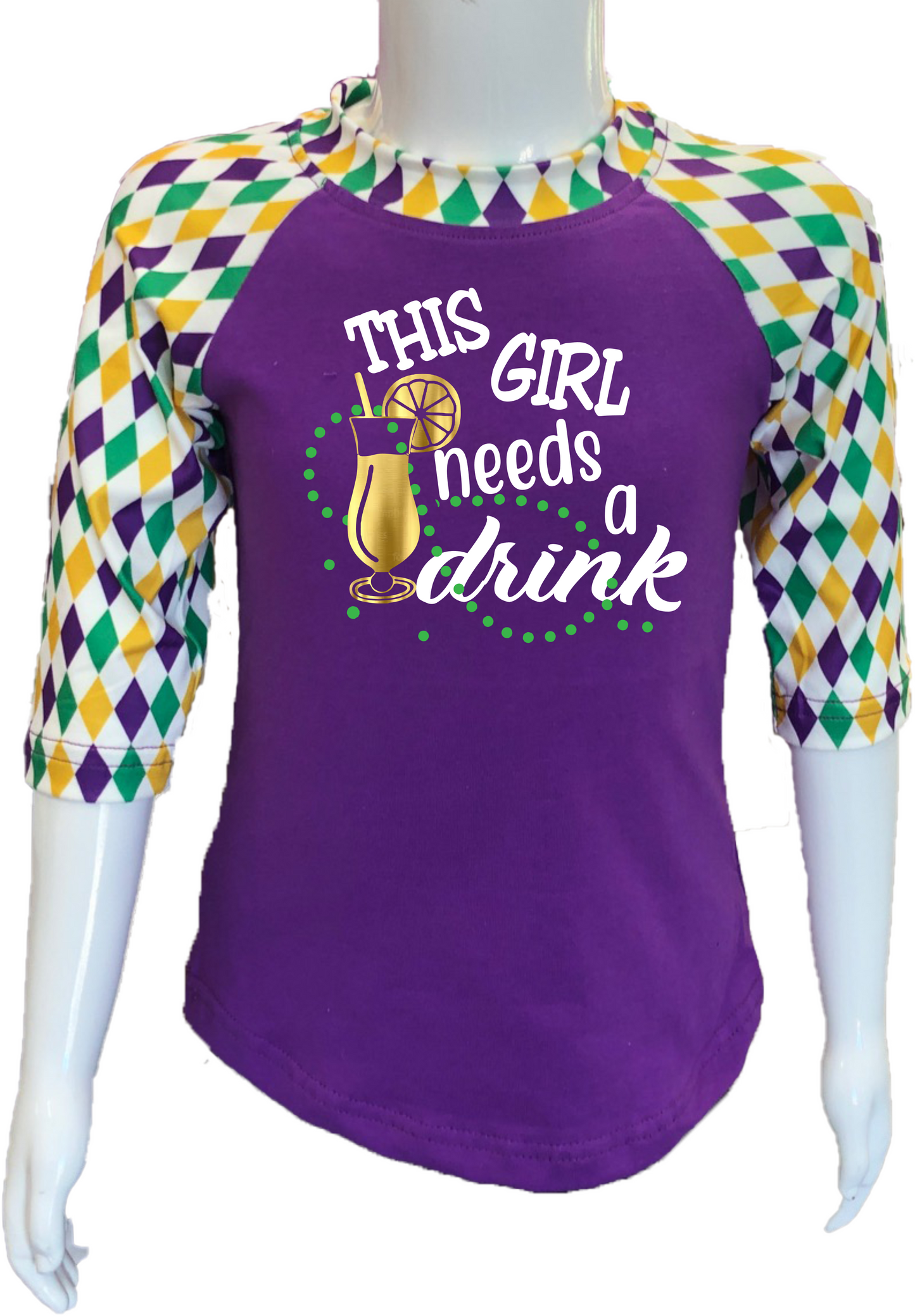 Harlequin Mardi Gras Raglan- This Girl Needs A Drink!