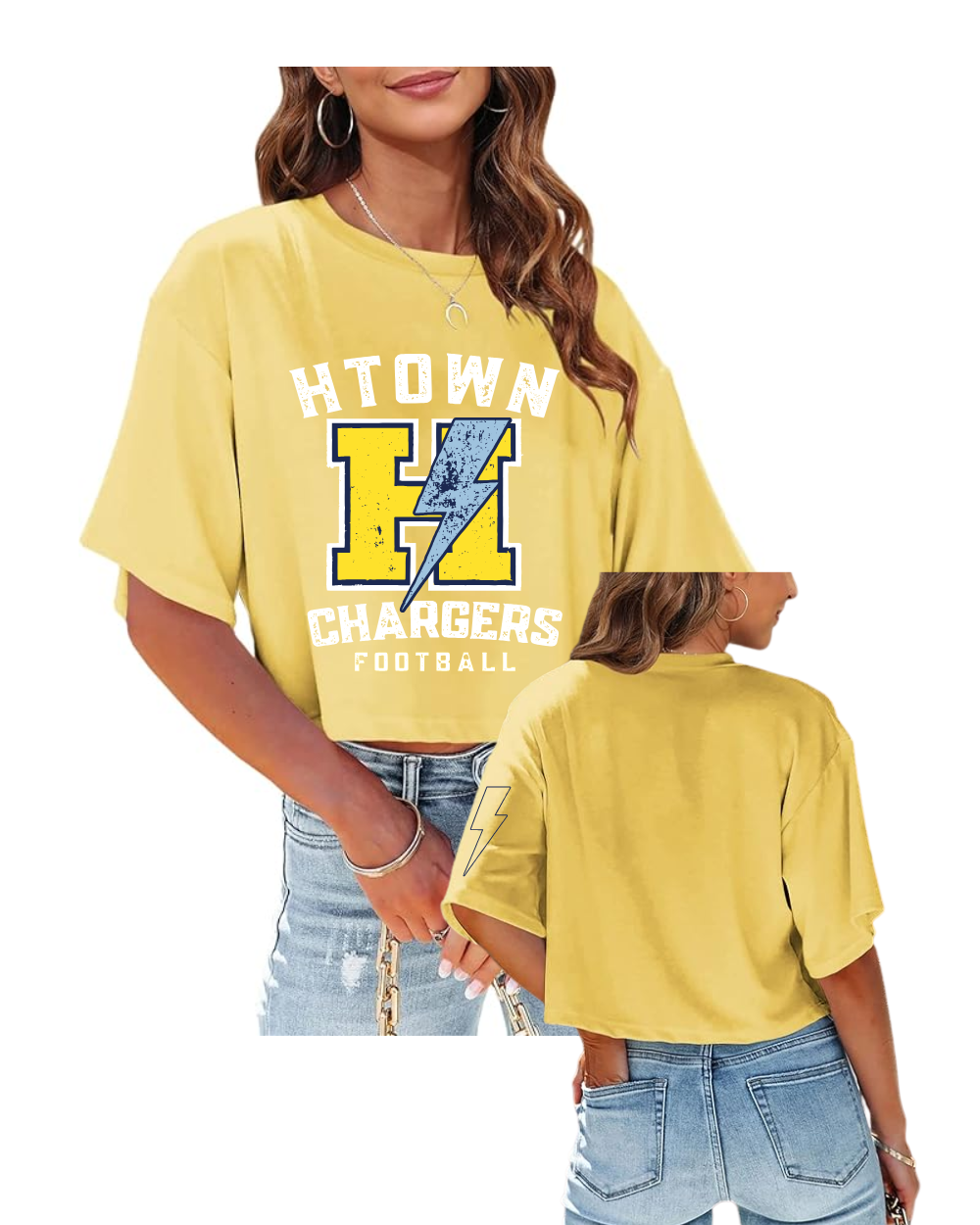 HTown Chargers Football & Cheer- Chargers Distressed H Ladies Crop Tee