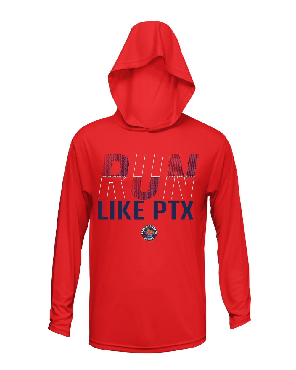 PTX- Run Like PTX Hooded Longsleeve Performance Shirt- Red