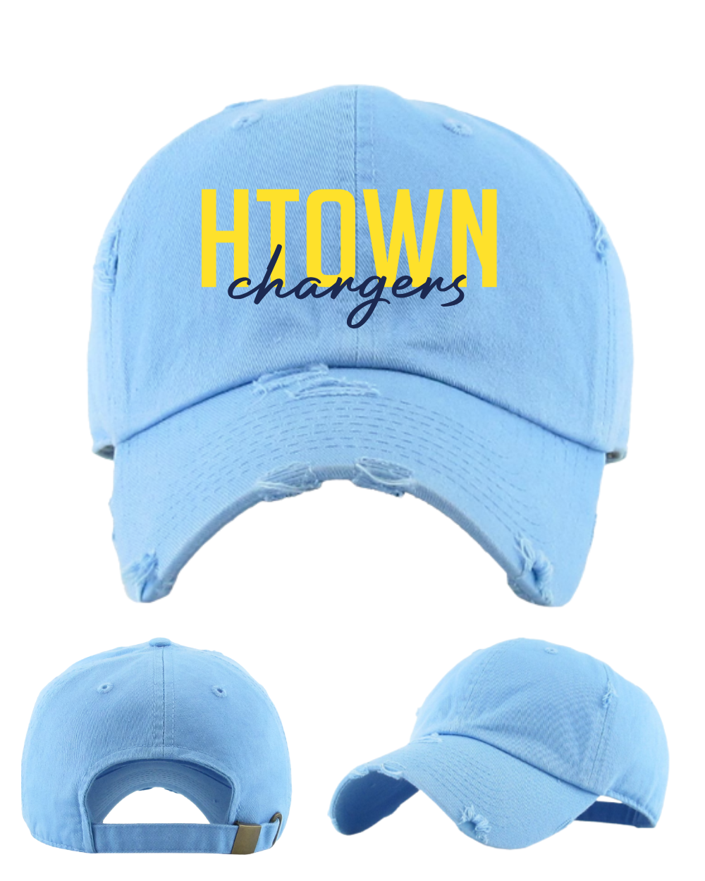 HTown Chargers Football & Cheer -HTown Chargers Embroidered Script Distressed Hat - Light Blue