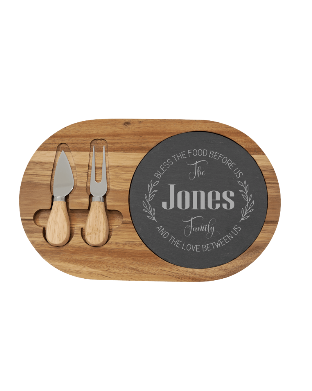 Personalized slate and wooden board with cheese knives  hostess gift