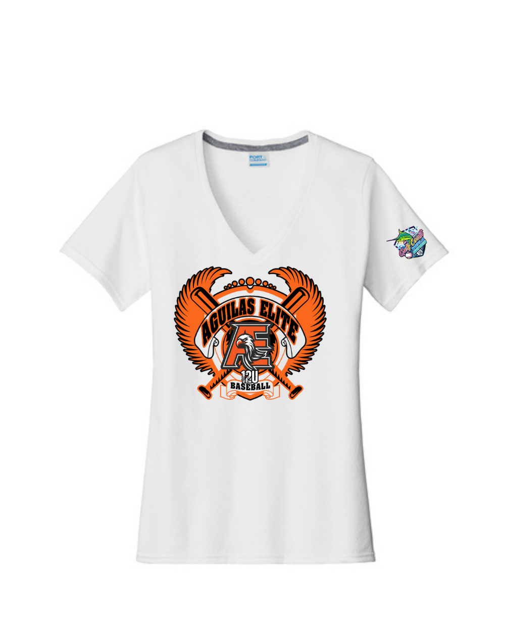 Aguilas Elite-AE Wings WS Ladies Vneck - Performance Tee-White