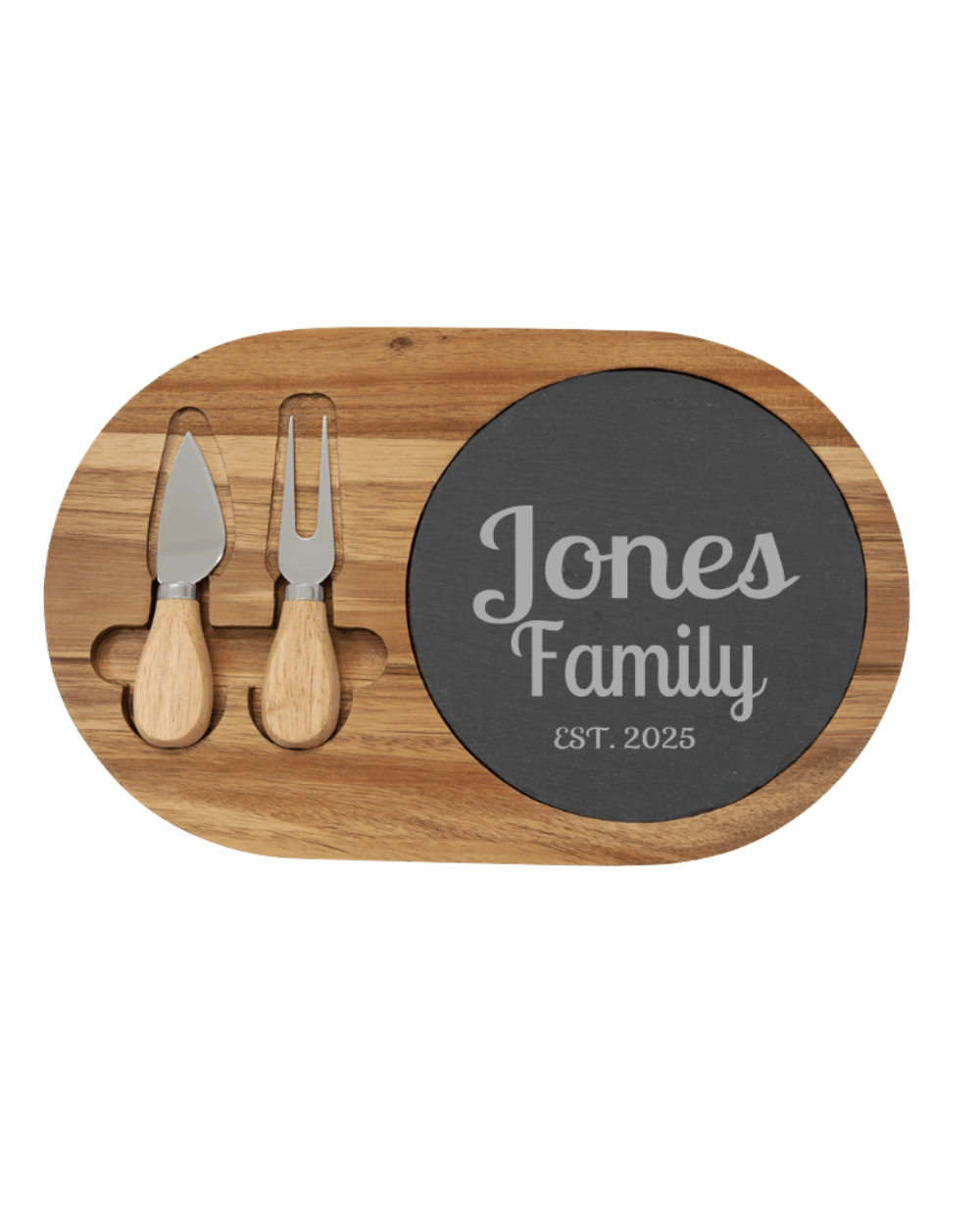 personalized Wooden cheese board set with 'Jones Family EST. 2025' on a black slate, featuring two cheese tools.