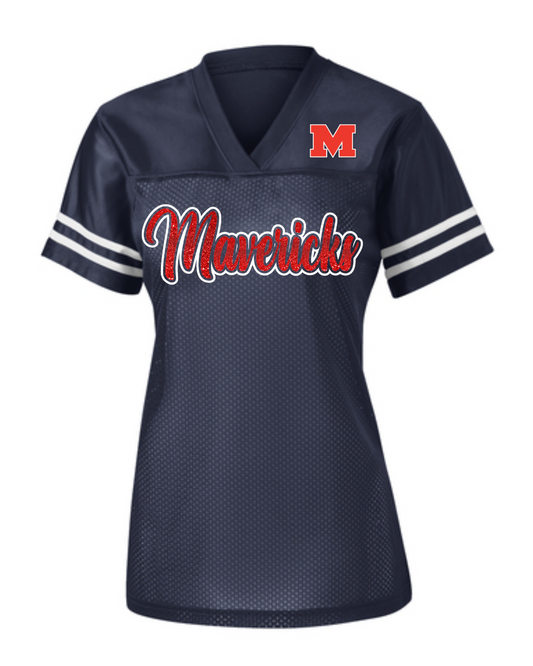 Manvel Football- Glitter  Mavericks Football- Ladies fan Jersey- Navy