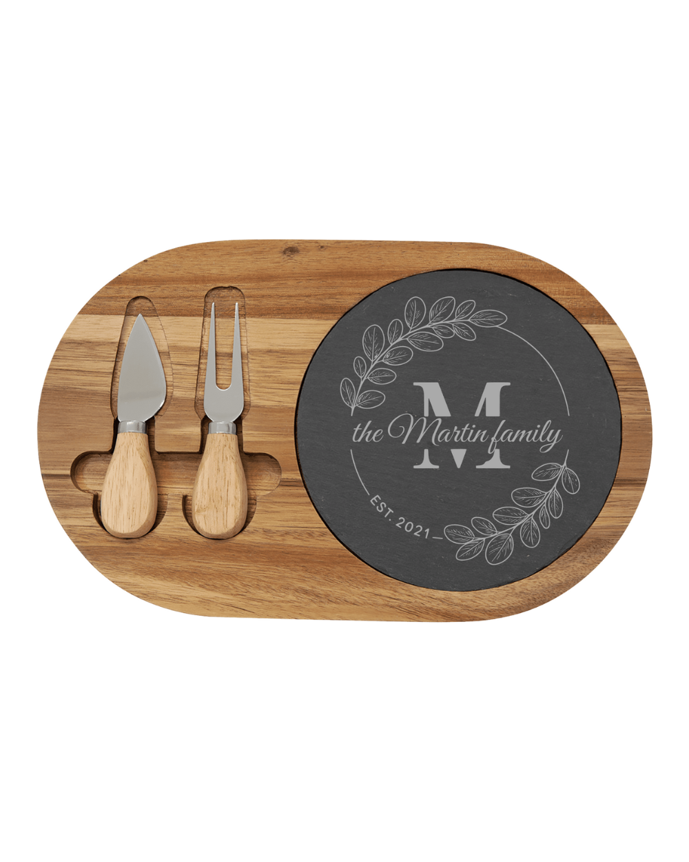 Wooden cutting board with cheese knives and personalized slate  stone inset into the wood