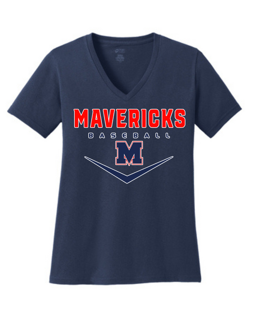 Manvel Baseball- Mavericks  Baseball Ladies Vneck Cotton Tee