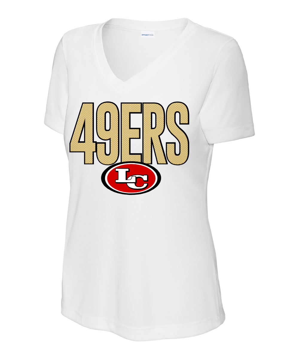 League City 49ers Footbal & Cheer- Mesh 49ERS Ladies Vneck Performance Tee - White