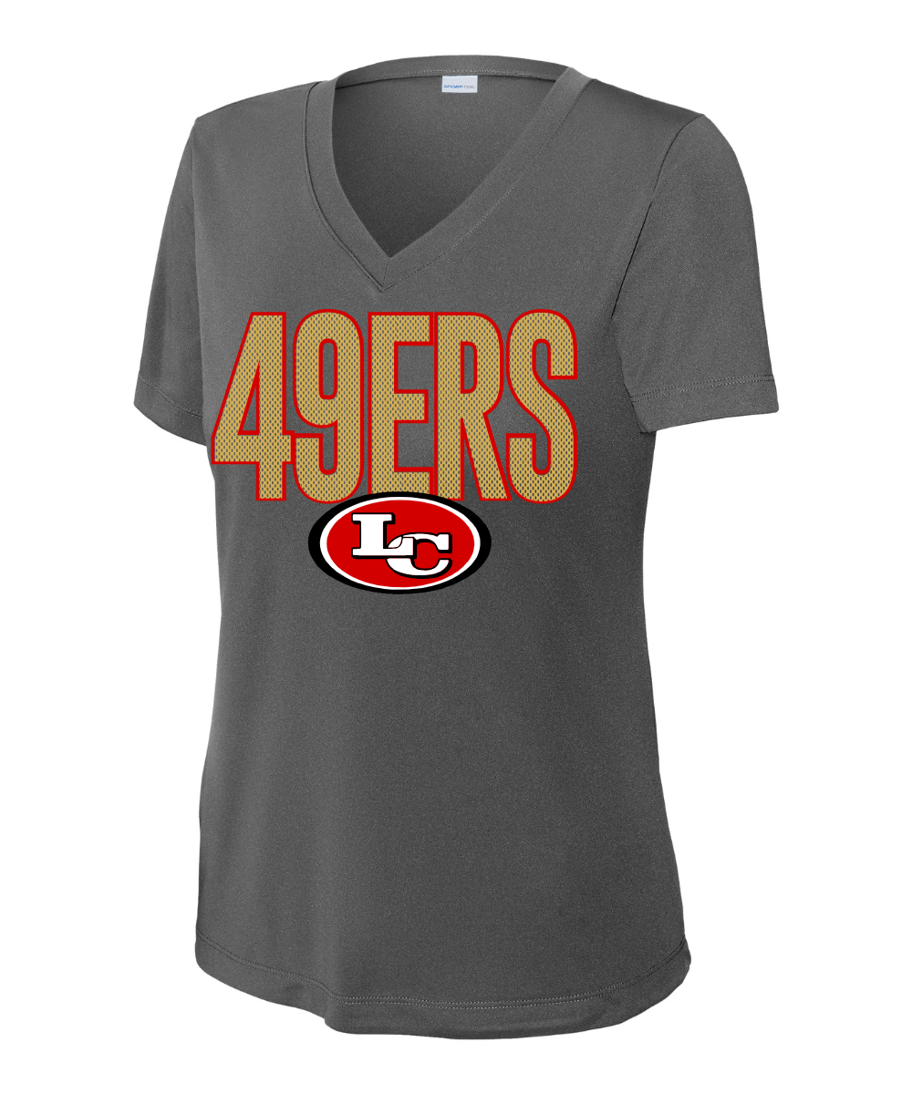 League City 49ers Footbal & Cheer- Mesh 49ERS Ladies Vneck Performance Tee - Iron Grey