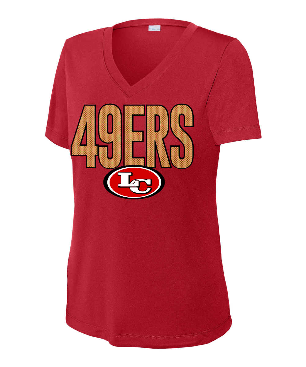 League City 49ers Footbal & Cheer- Mesh 49ERS Ladies Vneck Performance Tee - True Red