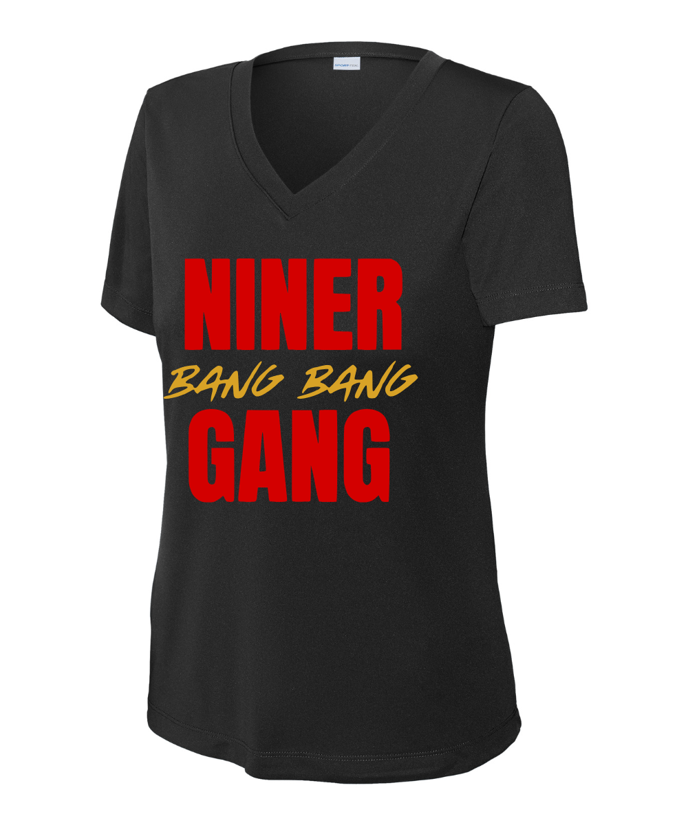 League City 49ers Football & Cheer- Bang Bang Niner Gang  Ladies Performance VNeck Tee - Black