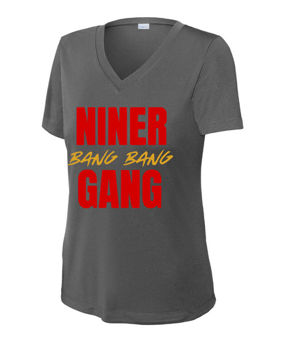 League City 49ers Football & Cheer- Bang Bang Niner Gang  Ladies Performance VNeck Tee - Iron Grey