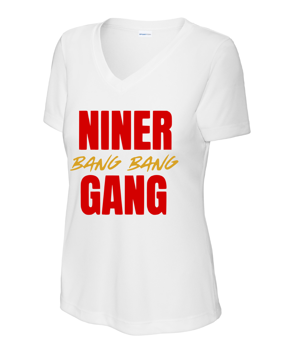 League City 49ers Football & Cheer- Bang Bang Niner Gang  Ladies Performance VNeck Tee - White
