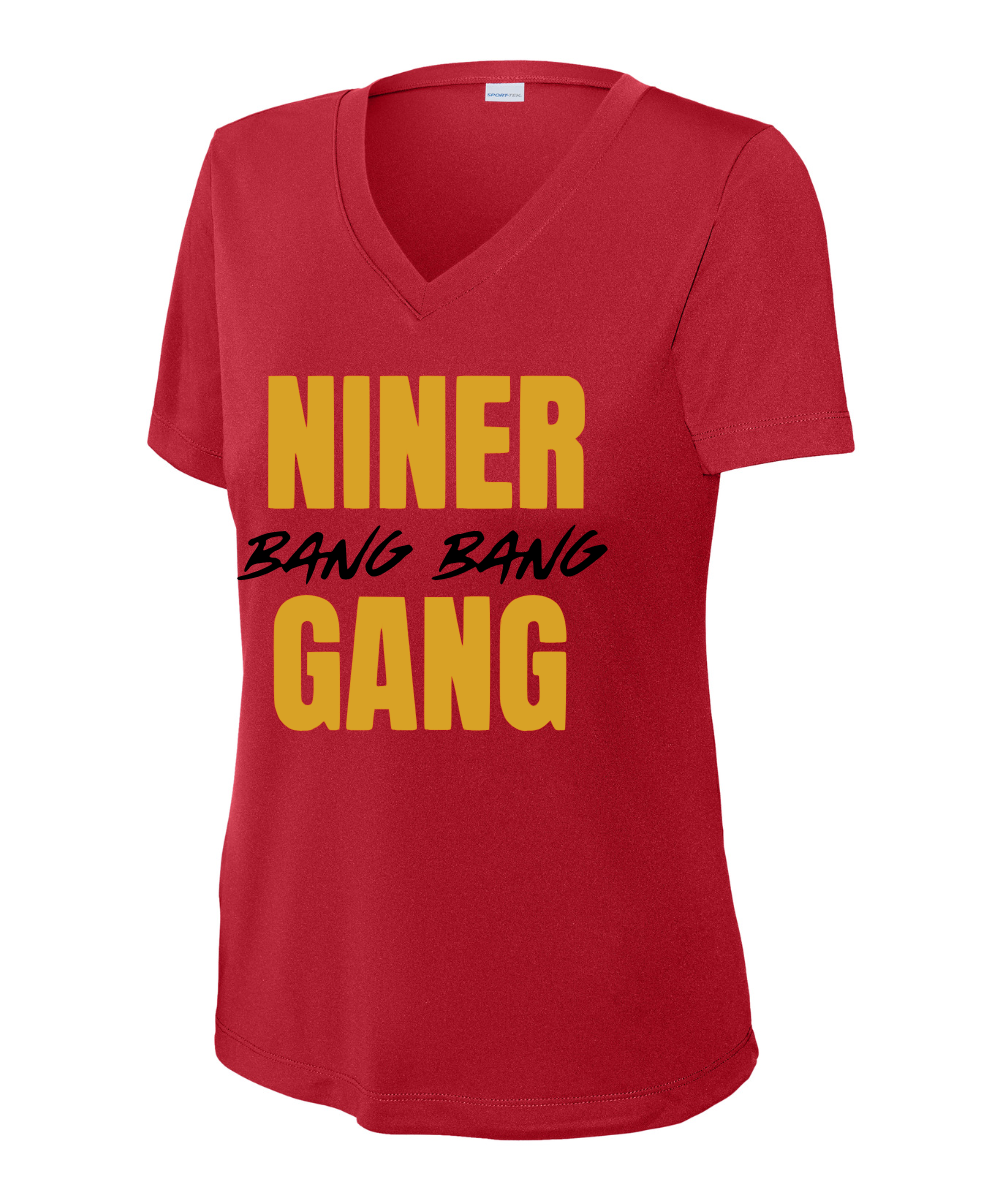 League City 49ers Football & Cheer- Bang Bang Niner Gang  Ladies Performance VNeck Tee - True Red