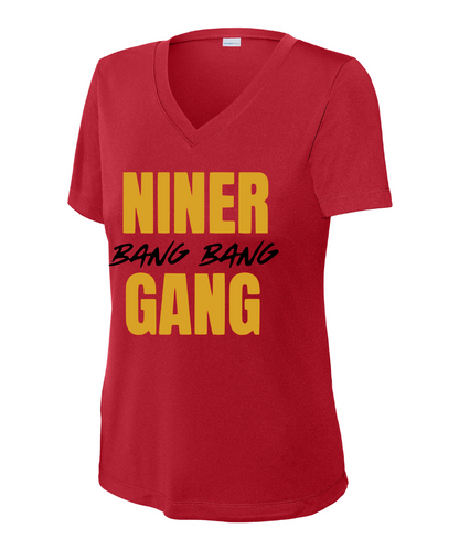 League City 49ers Football & Cheer- Bang Bang Niner Gang  Ladies Performance VNeck Tee - True Red