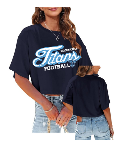 Shadow Creek Titans-Distressed Script Titans Football Ladies Crop Top