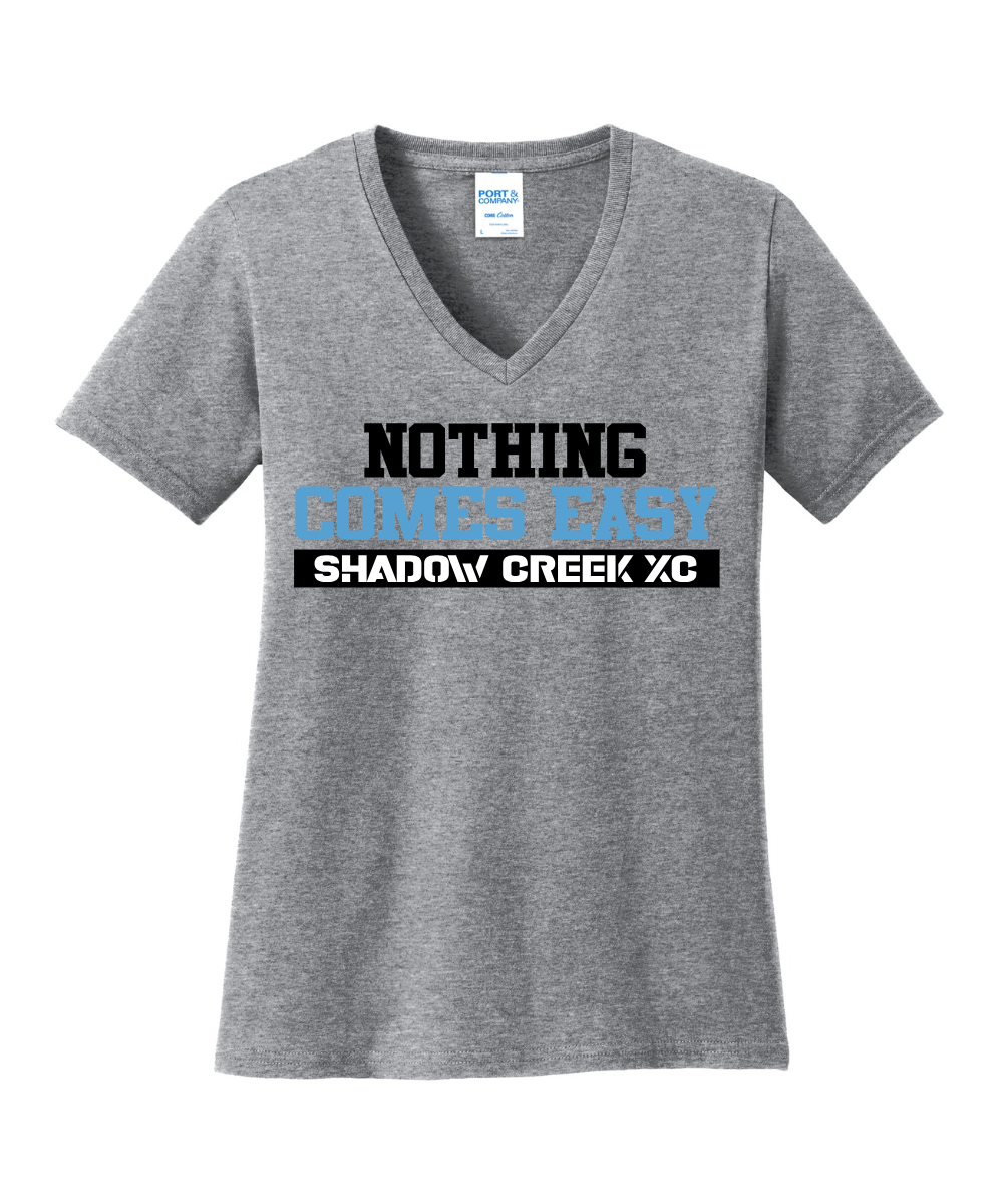 Shadow Creek Cross Country Track & Field - Nothing Comes Easy Ladies Vneck Cotton Tee - Athletic Heather