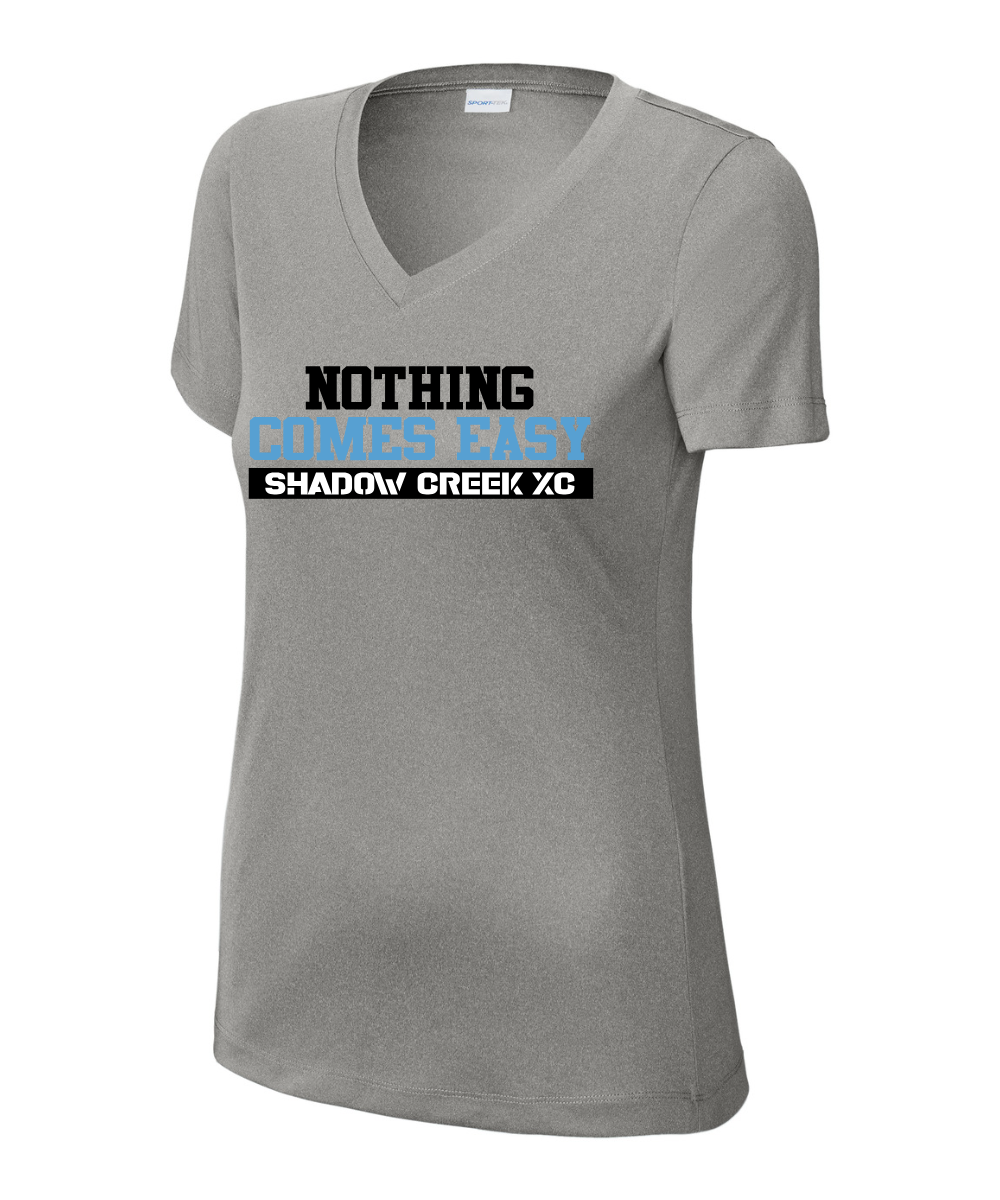 Shadow Creek Cross Country Track & Field - Nothing Comes Easy Ladies Vneck Performance Tee - Grey Concrete Heather