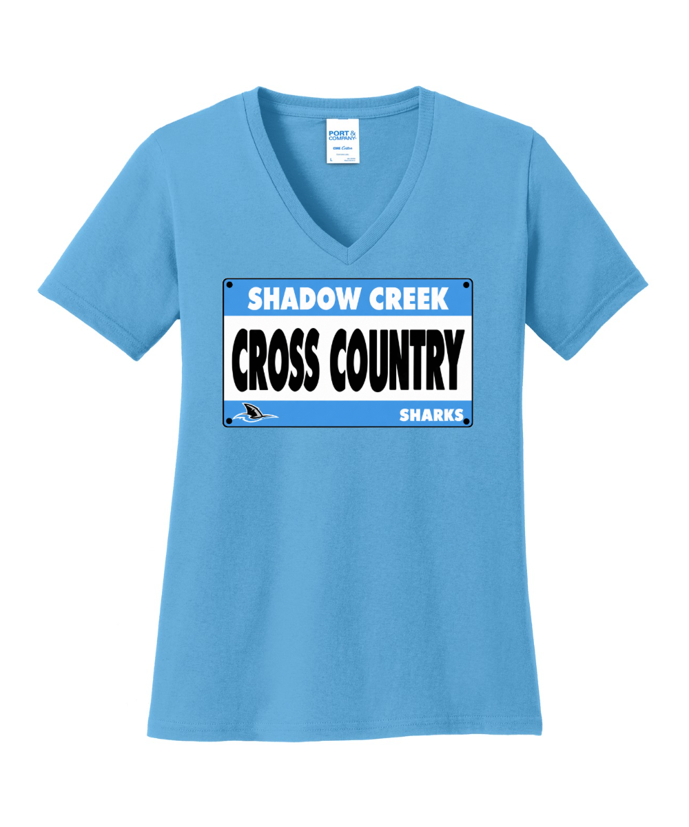 Shadow Creek Cross Country Track & Field - Cross Country BIB Ladies Vneck Cotton Tee - Aquatic Blue