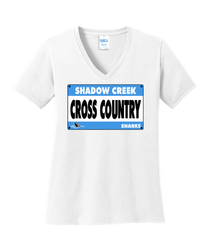 Shadow Creek Cross Country Track & Field - Cross Country BIB Ladies Vneck Cotton Tee - White