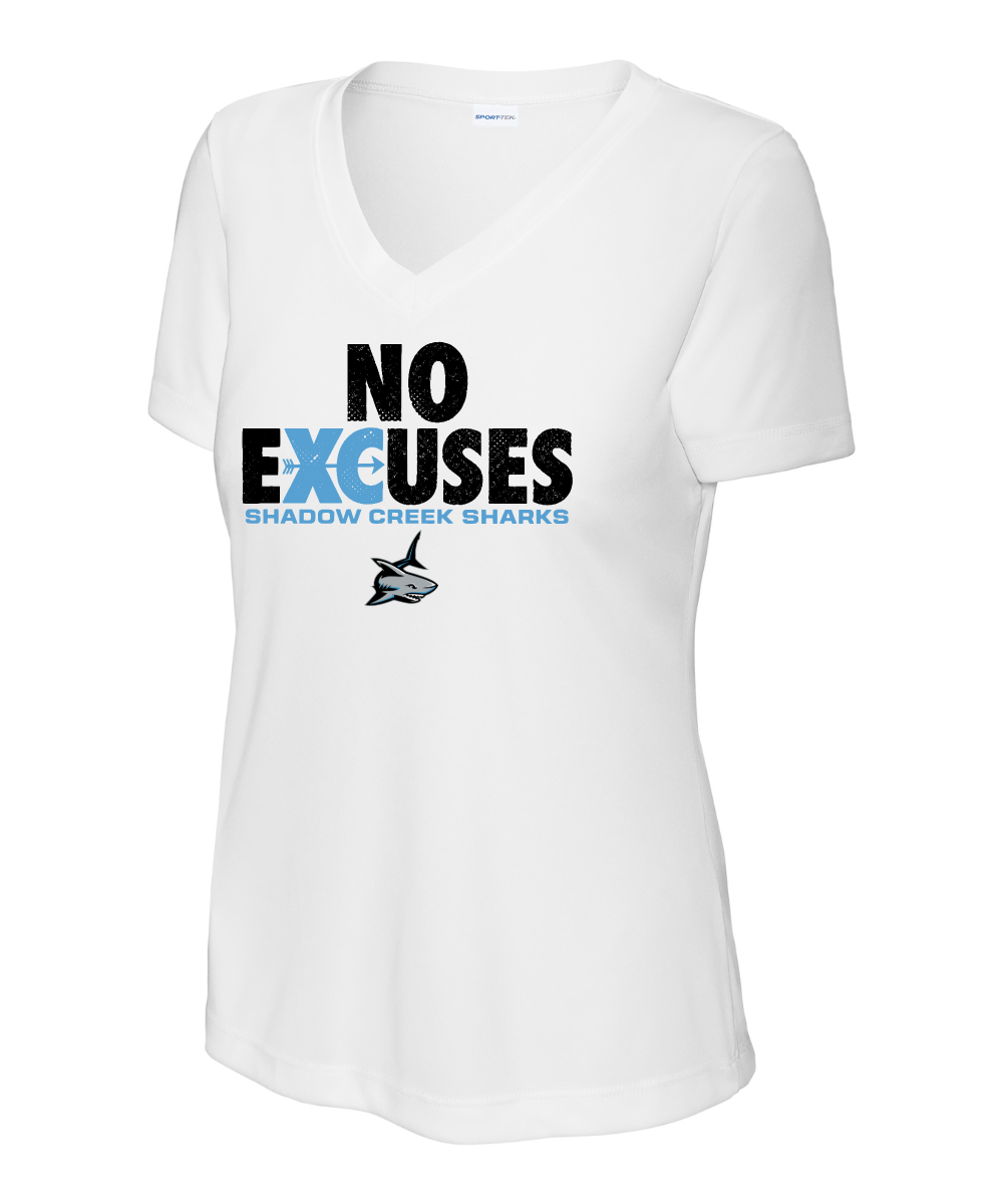 Shadow Creek Cross Country Track & Field - No Excuses Design Ladies Vneck Performance Tee - White