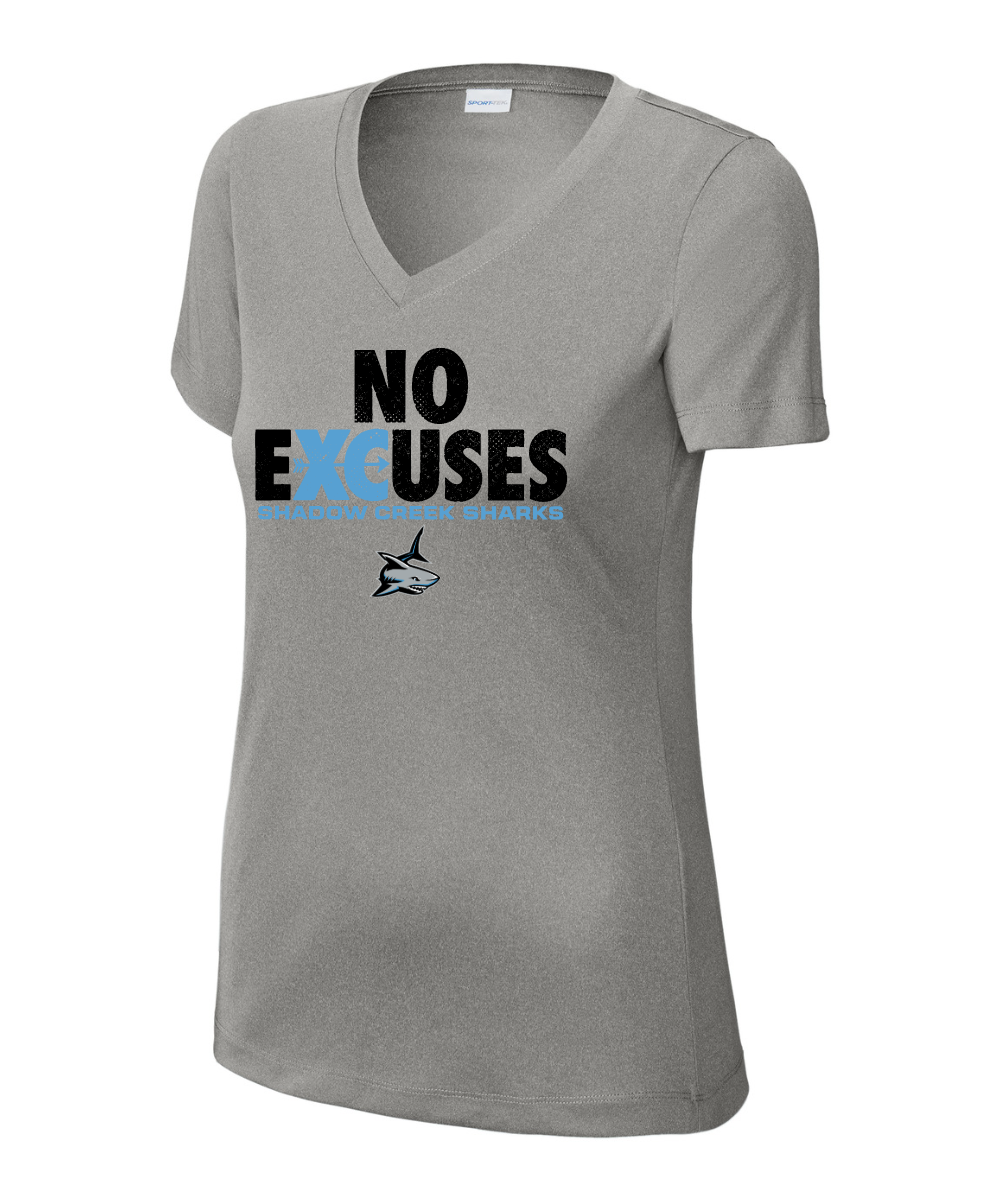 Shadow Creek Cross Country Track & Field - No Excuses Design Ladies Vneck Performance Tee - Grey Concrete Heather