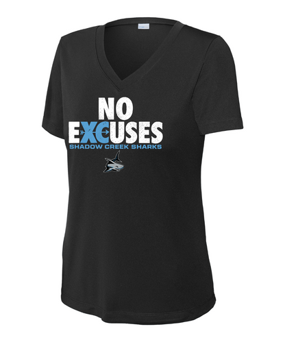 Shadow Creek Cross Country Track & Field - No Excuses Design Ladies Vneck Performance Tee - Black